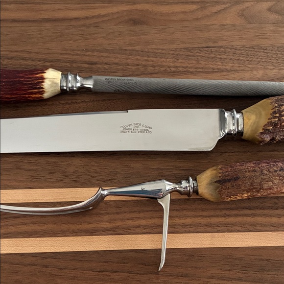 Vintage Cooper Bros & Sons Sheffield England Stag Antler Handle Carving Set; 3pc - Picture 4 of 15